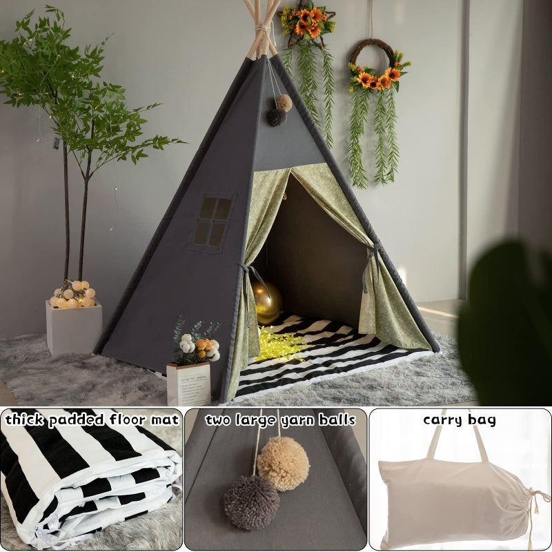 TreeBud Teepee Tent for Kids Stripe Padded Mat Foldable Dark Tone Grey Play Tents for Girl and Boy with Carry Case Wooden Pole Printing Canvas Tepee Playhouse for Child Indoor Outdoor - Image 2